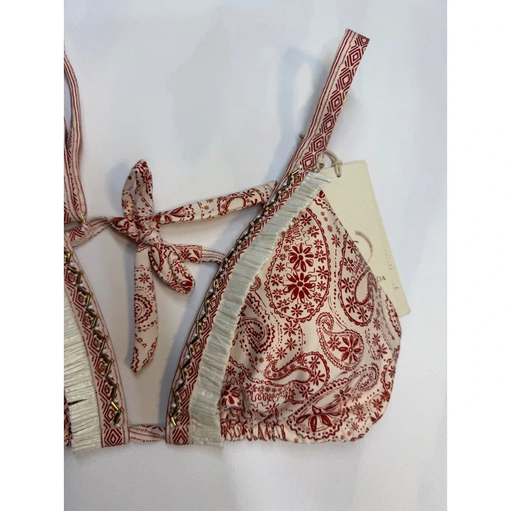 Cosita Linda Red Paisley Beaded Triangle Bikini Top NWT Size L Fringe Boho